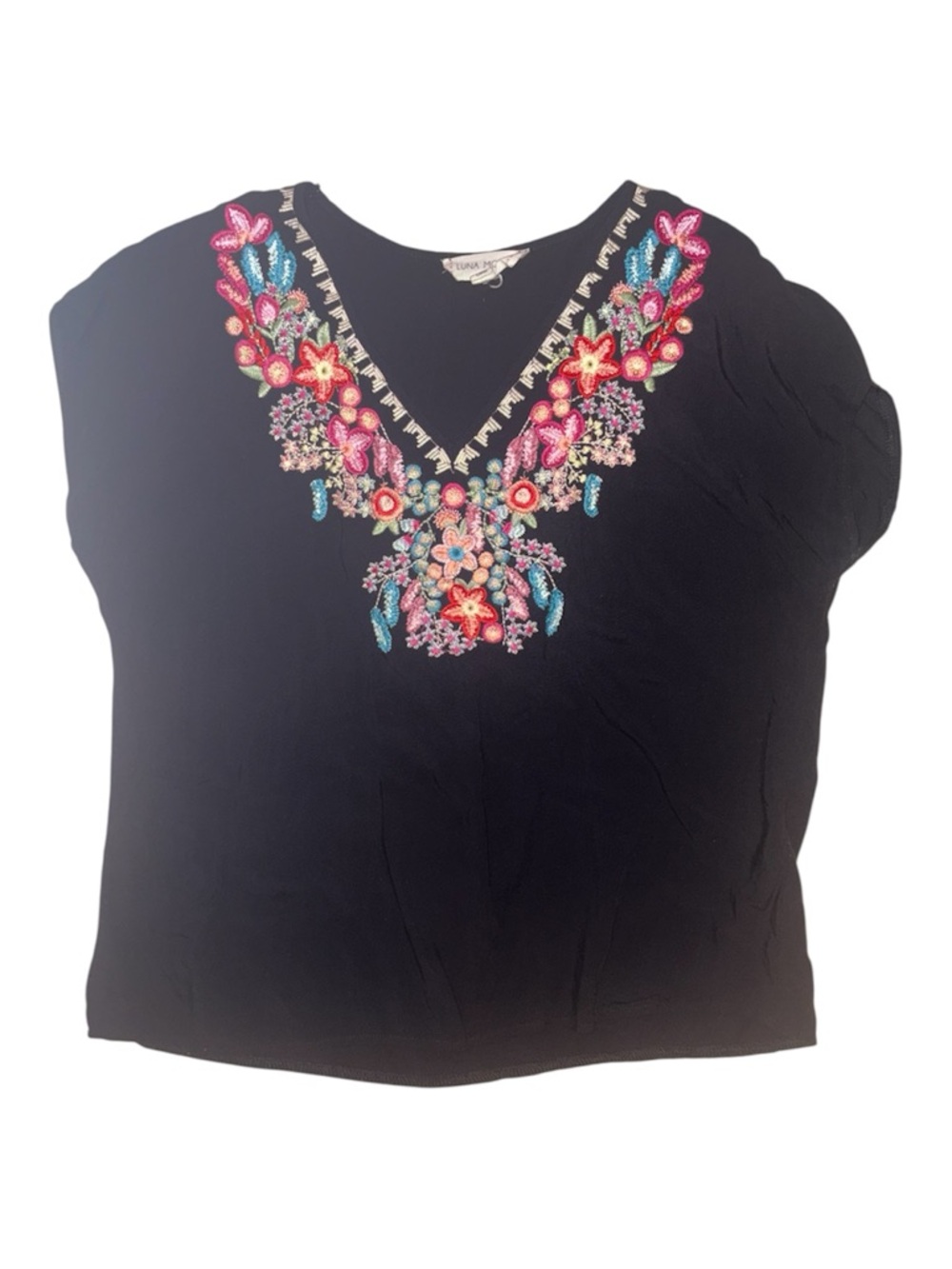 Anthropologie Luna Moon Embroidered V-Neck Floral Black Women's Top